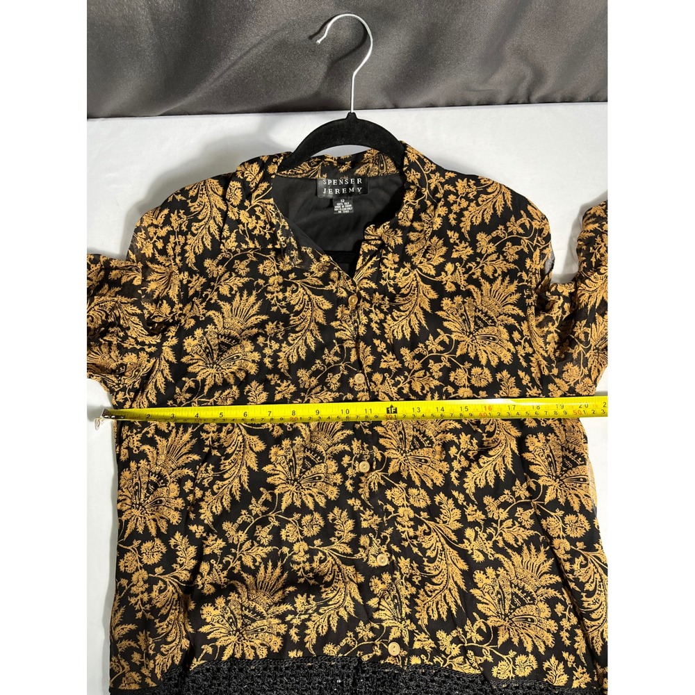 Spenser Jeremy Silk Blouse Black Gold Floral Paisley Fringe Crochet Trim Size 12 - Picture 4 of 6